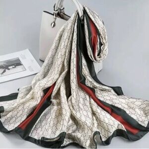 Elegant Cream and Red Patterned silk Scarf